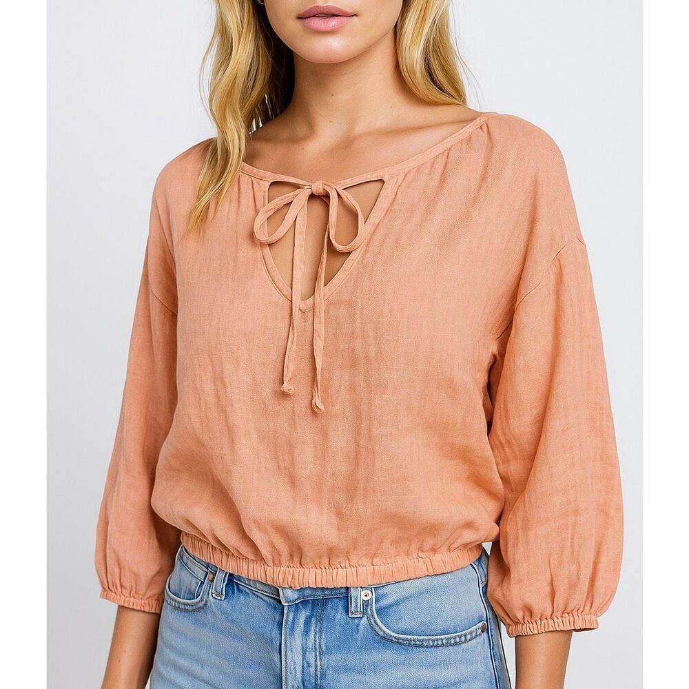 Anthropologie Cloth & Stone Linen Peasant Blouse Top Tie Neck Elastic Hem Peach